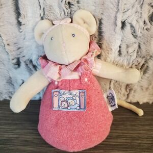 Moulin Roty Plush Baby Rattle Mouse Doll, Les Petits Dodo 7" France Pink Beige